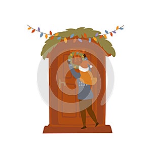 Girl decorating entrance house door with christmas wreaths and lights isolated vector illustration