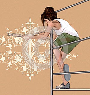 Girl decorating, painting a wall with beautiful, symmetrical, architectonic, floral decorations