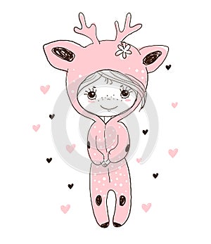 A girl in a deer costume. Cute line drawing for kids. Flat vector illustration, doodle hand drawing isolated on white