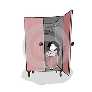 girl in depression sitting in the wardrobe, freehand vector illustration