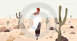 Girl in desert flat vector illustration. Single woman cartoon character. Travelling and outing, discovery and