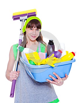 Girl with detergents and mop photo
