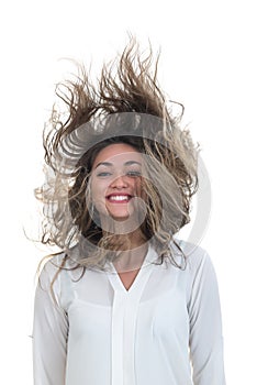 The girl with the developing hair on a white background