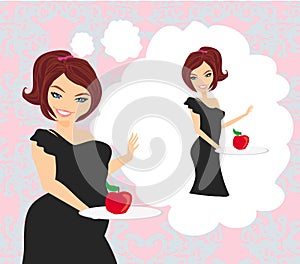Girl on a diet holding a plate with an apple