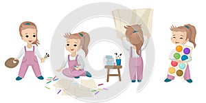 The girl in different poses, draws paint drawing. Vector illustration