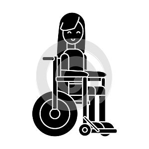 Girl disabled in wheelchair icon, vector illustration, sign on isolated background