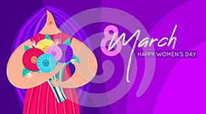 Girl with disproportionate figure holds bouquet of flowers. Flat design. Trendy style. 8 March. Happy women`s day