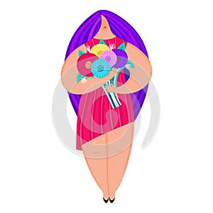 Girl with disproportionate figure holds bouquet of flowers. Flat design. Trendy style. Body positive. Woman in dress