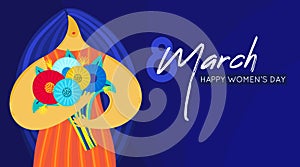 Girl with disproportionate figure holds bouquet of flowers. Flat design. Trendy style. 8 March. Happy women`s day