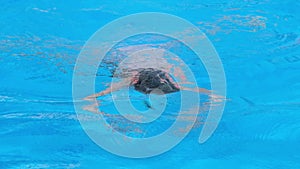 Girl dives into the pool and swims underwater. Girl dives and swims in a pool with clear blue water. Summer vacation