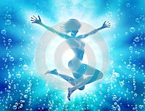 Girl diving in water with hands up.