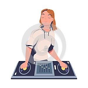 Girl DJ mixing music at console mixer at party or nightclub cartoon vector illustration