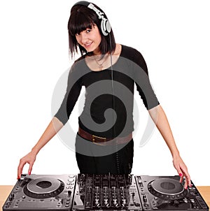 Girl dj with turntables photo