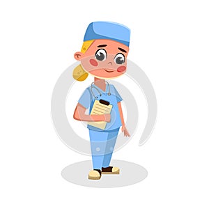 Girl Doctor Character in Uniform, Kids Hobby or Future Profession Concept Cartoon Style Vector Illustration