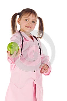Girl, a doctor, the child, apple