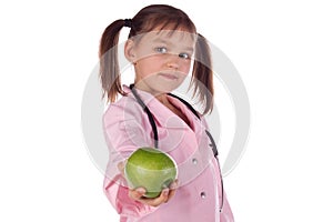 Girl, a doctor, the child, apple