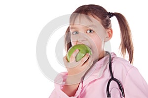 Girl, a doctor, the child, apple