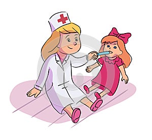 Girl doctor sitting on floor examine doll throat