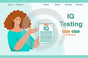 The girl with the document invites you to take an IQ test. The concept of mental development. Banner for websites