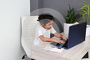 Girl does home schooling takes online classes at home on a desk with a laptop, studies, is surprised and participates in class