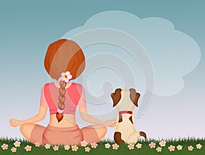 Girl and dog doing yoga in the grass