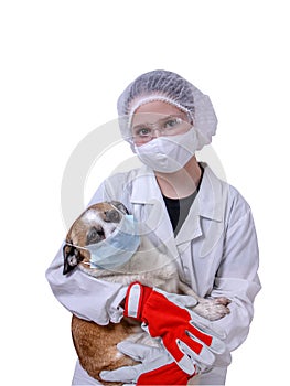 Girl with a dog in a dressing gown and mask