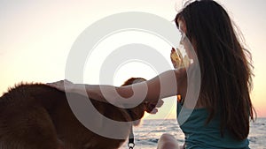 Girl and dog gaze over the sea at sunset, serene companionship