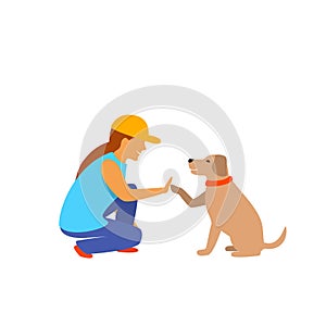 Girl and dog greeting isolated vector graphic