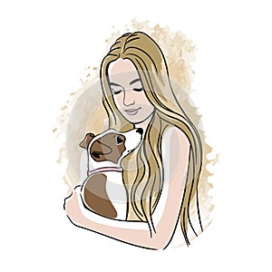 girl with a dog in her arms. Young woman holding a puppy Jack Russell Terrier. Embrace. Hand drawn vector illustration.
