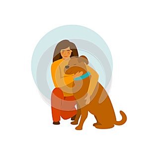 Girl with a dog hug cute vector illustration