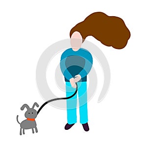 Girl and dog illustration walking together grey blue brown and violet