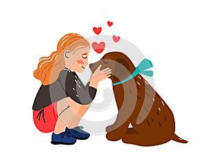 Girl dog love. Littl mistress hugging puppy vector illustration, cute child cuddle pet animal, children loving animals