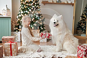 Girl with a dog near the Christmas tree