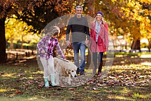 Girl with dog while parents walking at park