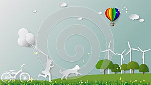 Girl and dog are running holding balloons in meadow which full of wind turbine Paper folding art origami style vector illustration