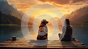 A girl with dog sitting on a dock of a mountain lake at sunset. Generative AI
