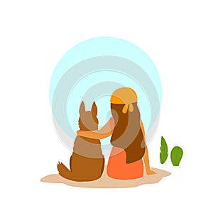 Girl and a dog sitting together backside view, best friends cute vector illustration photo