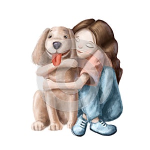 Girl and dog tender hugs, watercolor style illustration