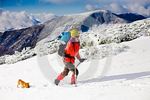 Girl with dog in winter mountains.