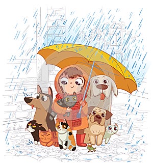 Girl with dogs and cats stands in the rain under an umbrella