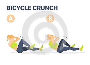 Girl doing Bicycle Criss cross Crunch Abs Exercise Colorful Concept illustration. photo