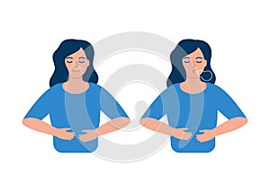 Girl is doing breathing exercise, deep exhale and inhale. Breathing exercise. Healthy yoga and relaxation. Vector