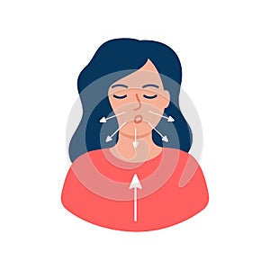 Girl is doing breathing exercise, deep exhale and inhale. Breathing exercise. Healthy yoga and relaxation. Vector