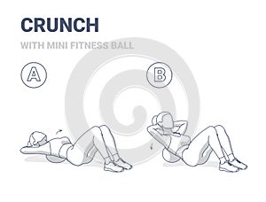 Girl Doing Crunch Exercise with Mini Fit Ball Guidance Illustration. Female Sphere Crunch Concept.