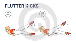 Girl Doing Flutter Kicks Exercise Fitness Home Workout Guidance Illustration. Vector concept.