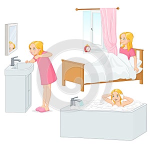 Girl doing her morning routine vector illustration