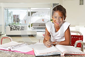 Girl Doing Homework In Kitchen