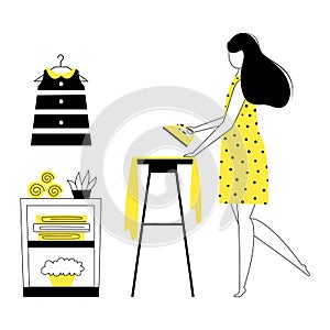 Girl doing housework, young woman housekeeper or maid ironing clothes on board - Housewife character with iron - Vector