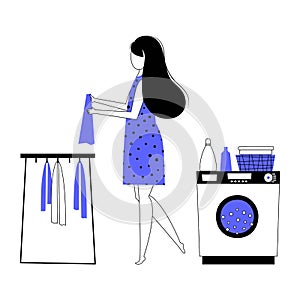 Girl doing housework, young woman housekeeper or maid washing and hanging wet laundry clothes - Housewife character and