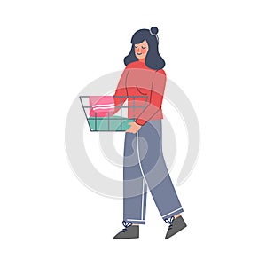 Girl Doing Laundry at Home or Public Laundrette, Woman Carrying Basket of Dirty Clothes Flat Style Vector Illustration